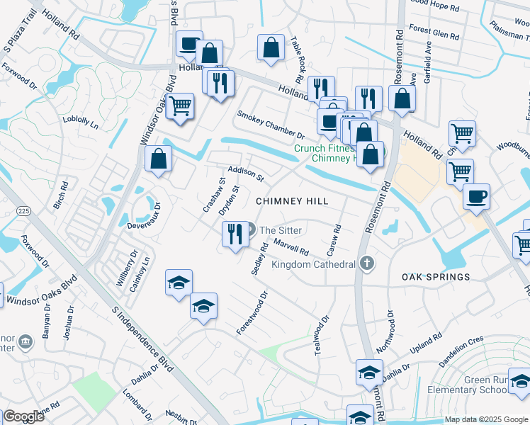 map of restaurants, bars, coffee shops, grocery stores, and more near 820 Chimney Hill Parkway in Virginia Beach