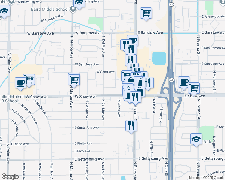 map of restaurants, bars, coffee shops, grocery stores, and more near 110 West Shaw Avenue in Fresno