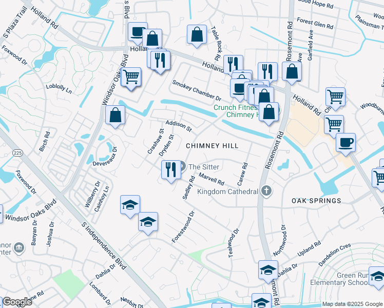 map of restaurants, bars, coffee shops, grocery stores, and more near 820 Chimney Hill Parkway in Virginia Beach