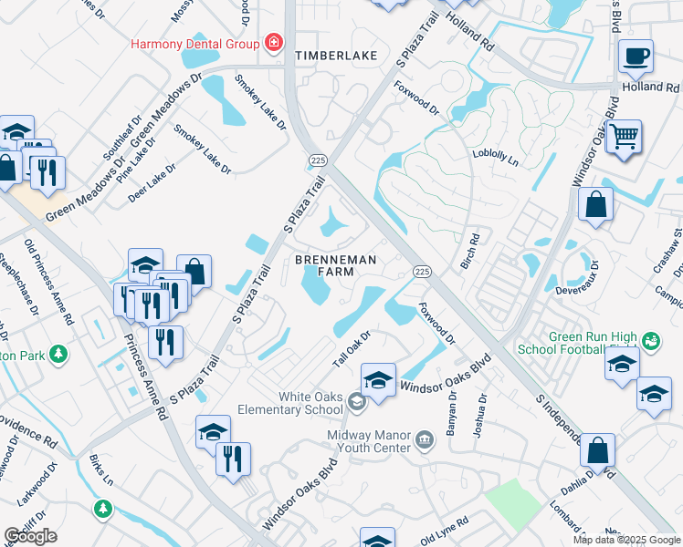 map of restaurants, bars, coffee shops, grocery stores, and more near 4525 Barkingdale Drive in Virginia Beach