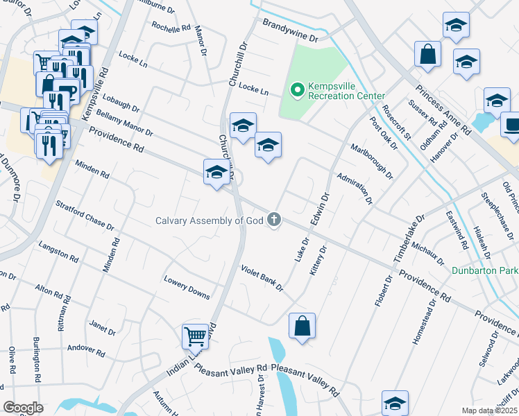 map of restaurants, bars, coffee shops, grocery stores, and more near 4958 Providence Road in Virginia Beach