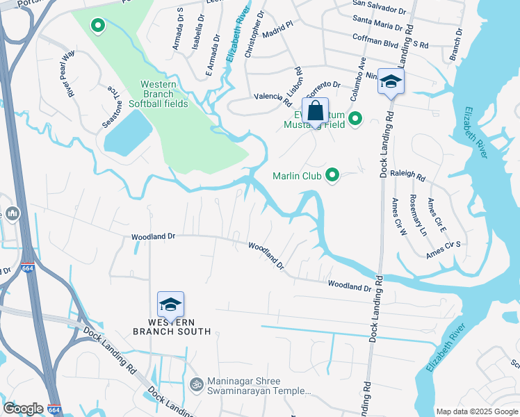 map of restaurants, bars, coffee shops, grocery stores, and more near 1820 Candy Lane in Chesapeake