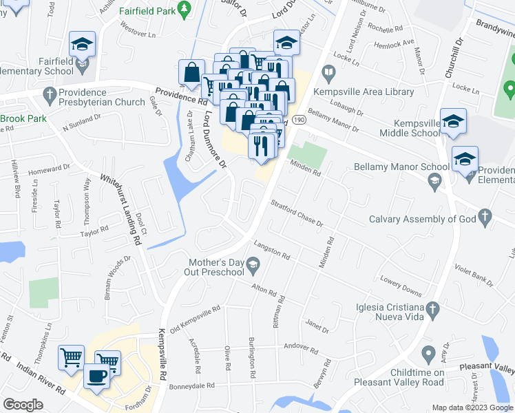map of restaurants, bars, coffee shops, grocery stores, and more near 5488 Glenville Circle in Virginia Beach