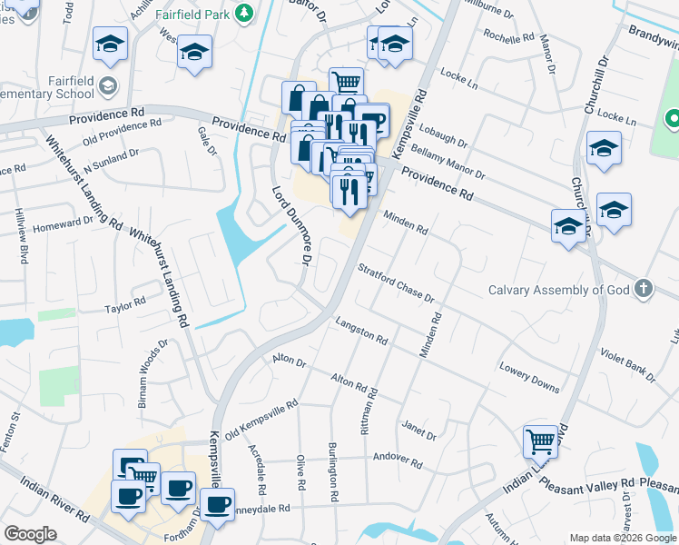 map of restaurants, bars, coffee shops, grocery stores, and more near 5488 Glenville Circle in Virginia Beach