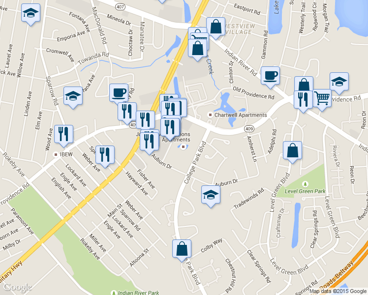 map of restaurants, bars, coffee shops, grocery stores, and more near 6400 Auburn Drive in Virginia Beach
