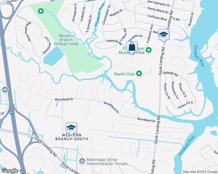 map of restaurants, bars, coffee shops, grocery stores, and more near 1820 Candy Lane in Chesapeake