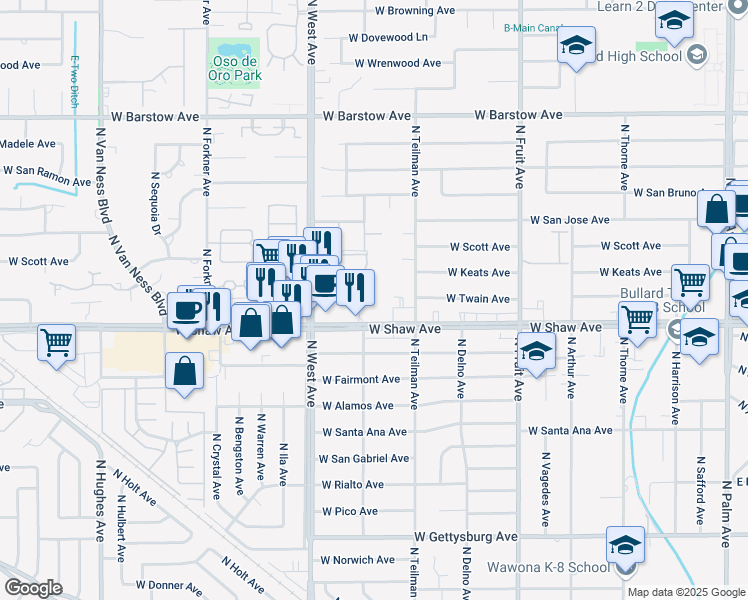 map of restaurants, bars, coffee shops, grocery stores, and more near 1616-1652 West Shaw Avenue in Fresno