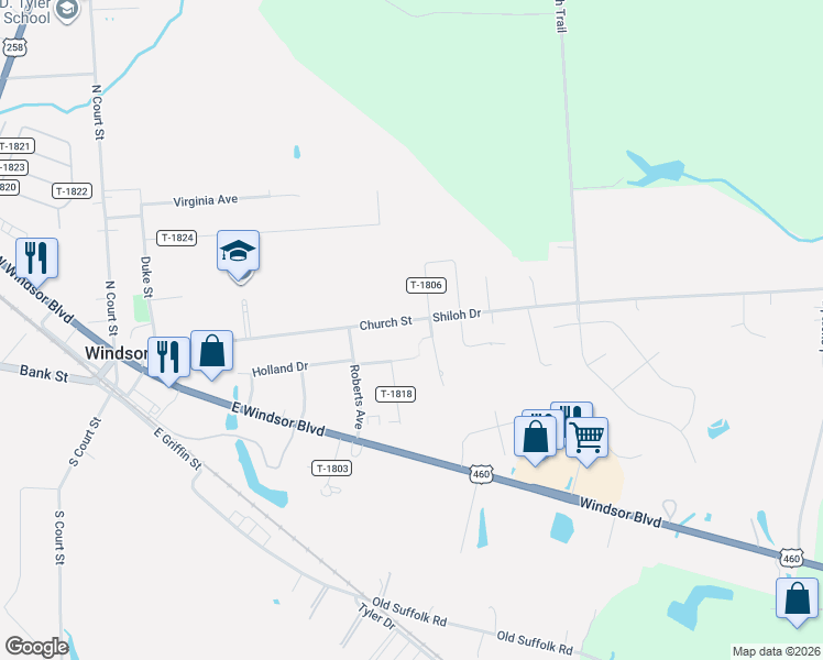 map of restaurants, bars, coffee shops, grocery stores, and more near 46 State Route T-1817 in Windsor