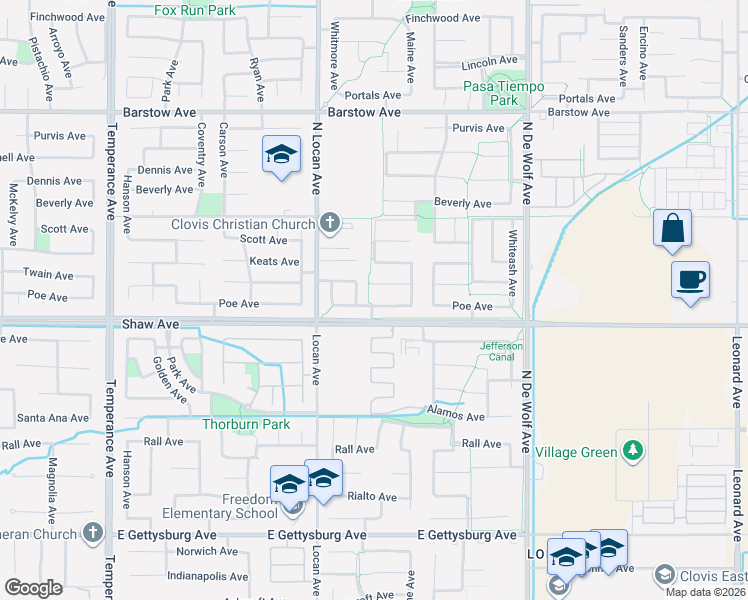 map of restaurants, bars, coffee shops, grocery stores, and more near 3138 Poe Avenue in Clovis