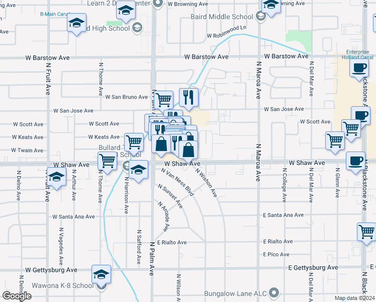 map of restaurants, bars, coffee shops, grocery stores, and more near 650 West Shaw Avenue in Fresno