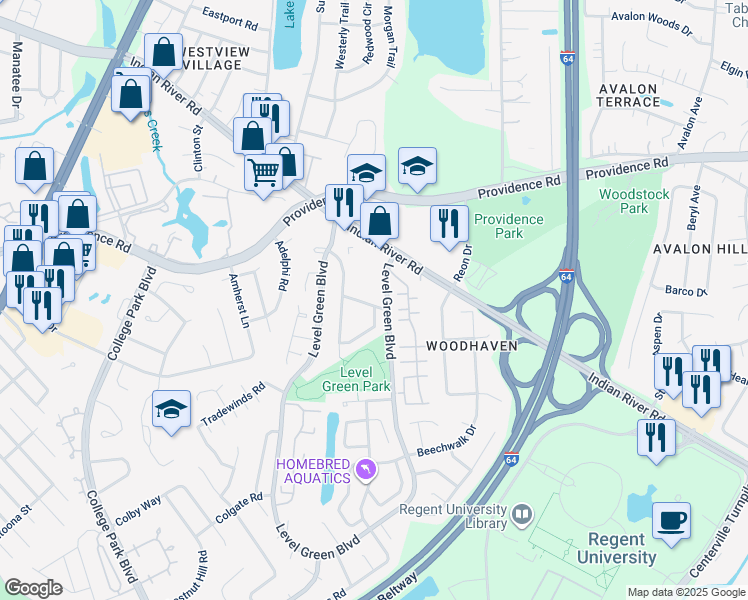 map of restaurants, bars, coffee shops, grocery stores, and more near 5910 Commonwealth Drive in Virginia Beach