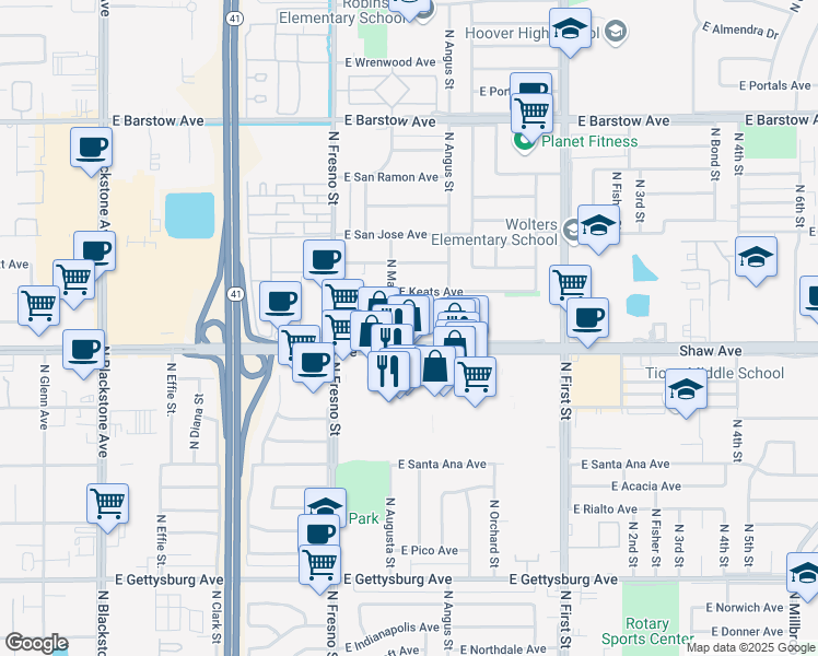 map of restaurants, bars, coffee shops, grocery stores, and more near 531 East Shaw Avenue in Fresno