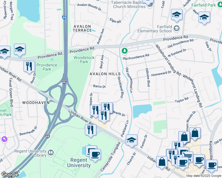map of restaurants, bars, coffee shops, grocery stores, and more near 5659 Pin Oak Court in Virginia Beach