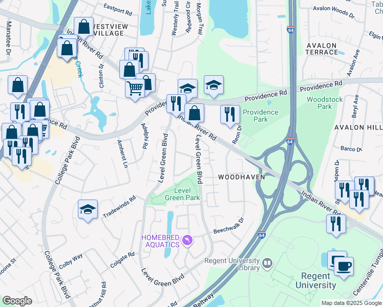 map of restaurants, bars, coffee shops, grocery stores, and more near 5910 Commonwealth Drive in Virginia Beach