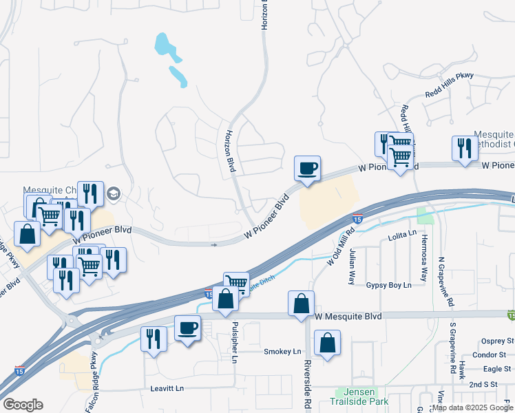 map of restaurants, bars, coffee shops, grocery stores, and more near 344 Tuscany Circle in Mesquite