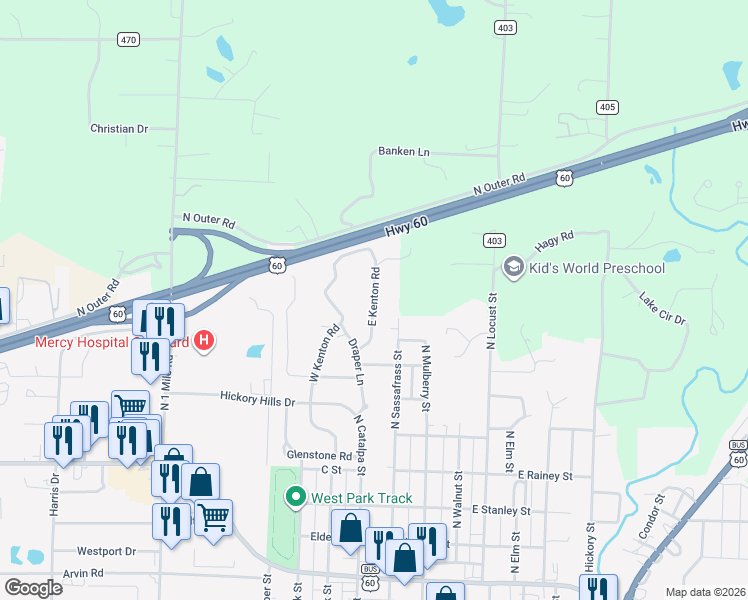 map of restaurants, bars, coffee shops, grocery stores, and more near 1308 East Kenton Road in Dexter