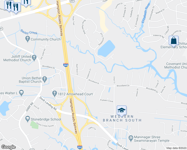map of restaurants, bars, coffee shops, grocery stores, and more near 1808 Charlotte Ann Court in Chesapeake