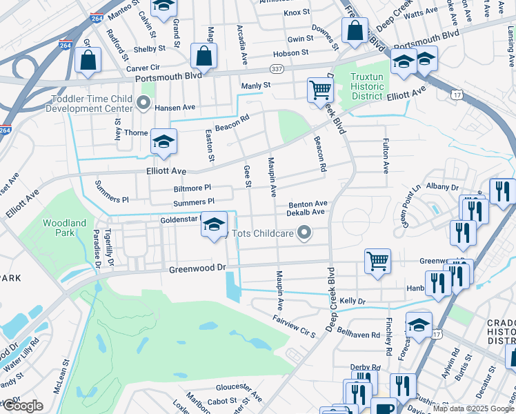 map of restaurants, bars, coffee shops, grocery stores, and more near 213 Gee Street in Portsmouth