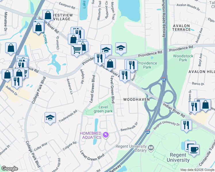 map of restaurants, bars, coffee shops, grocery stores, and more near 1637 Level Green Boulevard in Virginia Beach