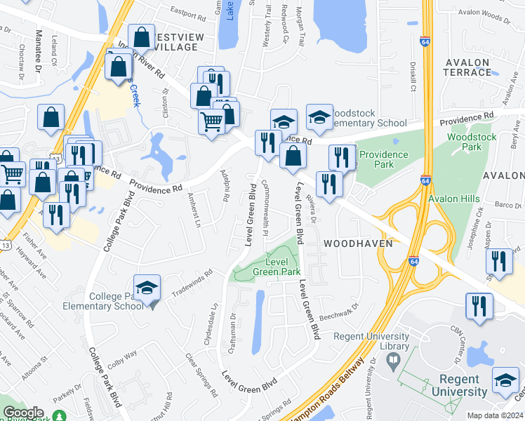 map of restaurants, bars, coffee shops, grocery stores, and more near 1033 Commonwealth Place in Virginia Beach