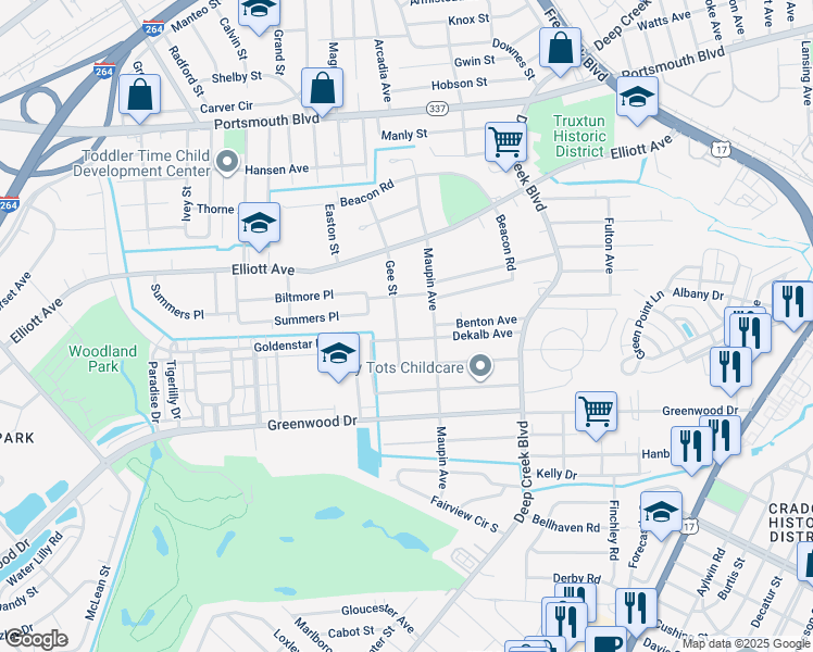 map of restaurants, bars, coffee shops, grocery stores, and more near 213 Gee Street in Portsmouth