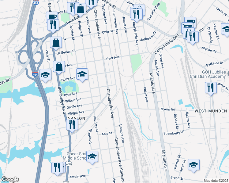 map of restaurants, bars, coffee shops, grocery stores, and more near 1616 Seaboard Avenue in Chesapeake