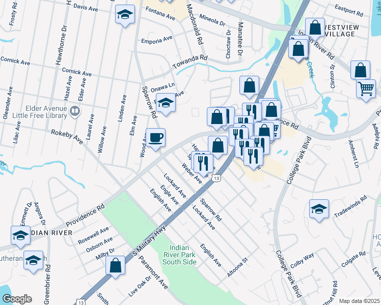 map of restaurants, bars, coffee shops, grocery stores, and more near 1720 Speedy Avenue in Chesapeake