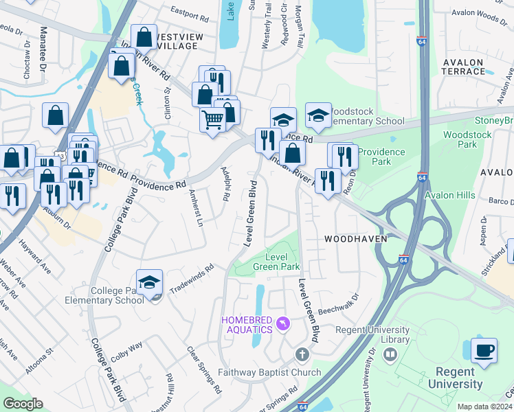 map of restaurants, bars, coffee shops, grocery stores, and more near 990 Level Green Boulevard in Virginia Beach
