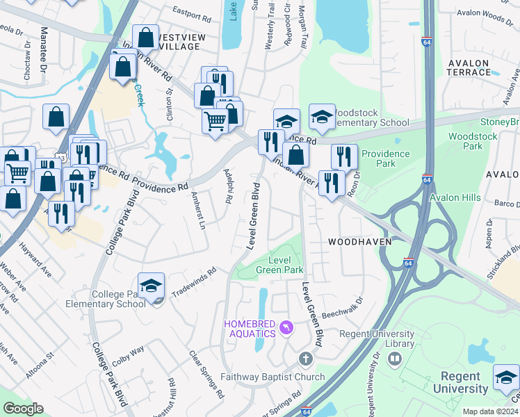 map of restaurants, bars, coffee shops, grocery stores, and more near 990 Level Green Boulevard in Virginia Beach