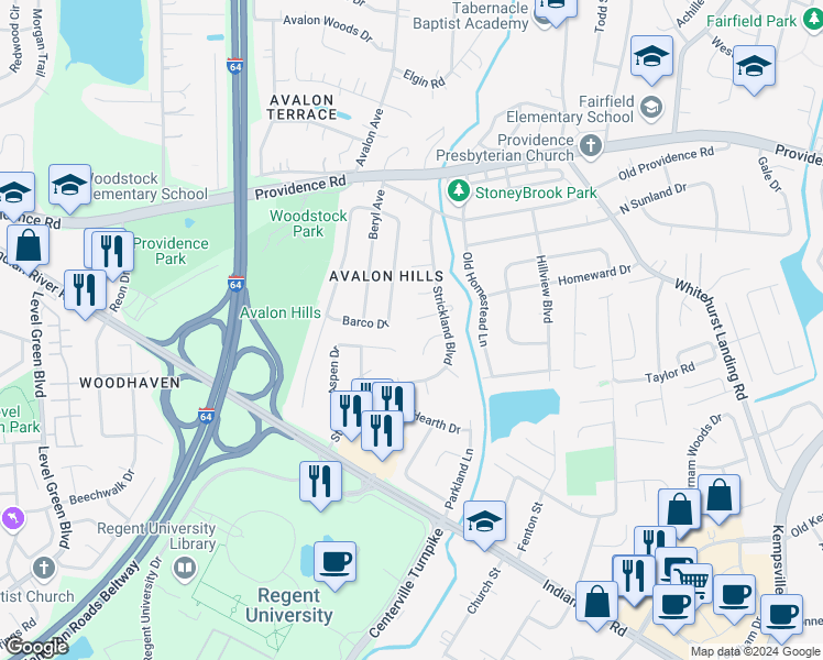 map of restaurants, bars, coffee shops, grocery stores, and more near 5659 Pin Oak Court in Virginia Beach