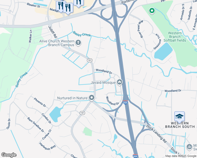 map of restaurants, bars, coffee shops, grocery stores, and more near 1845 Quivers Keep in Chesapeake