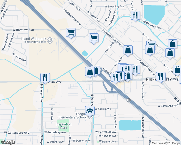 map of restaurants, bars, coffee shops, grocery stores, and more near 5100 North Lola Avenue in Fresno