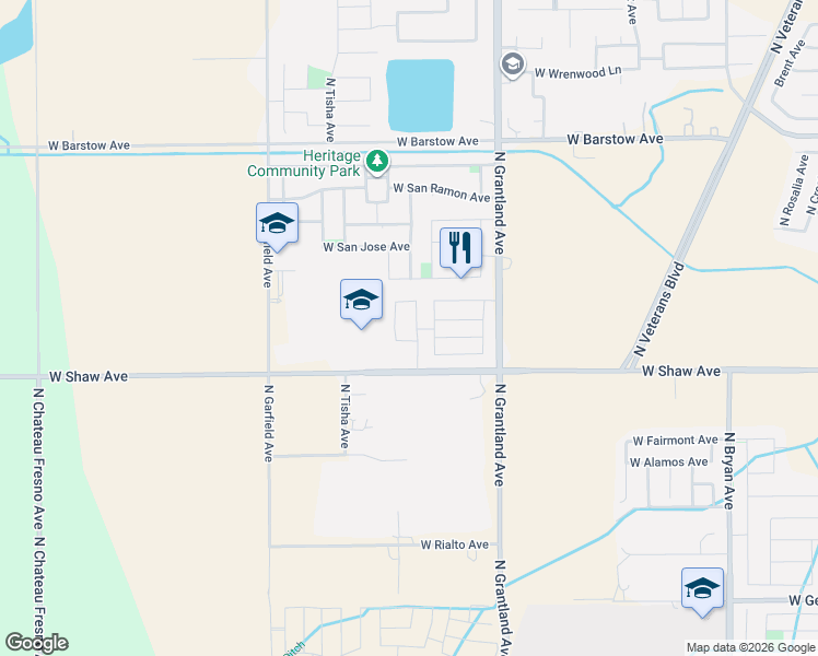 map of restaurants, bars, coffee shops, grocery stores, and more near 7221 West Scott Avenue in Fresno