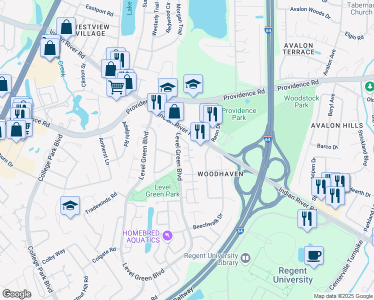 map of restaurants, bars, coffee shops, grocery stores, and more near 6027 Indian River Road in Virginia Beach
