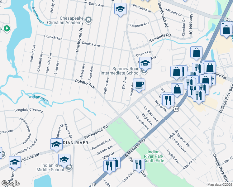 map of restaurants, bars, coffee shops, grocery stores, and more near 1527 Elm Avenue in Chesapeake