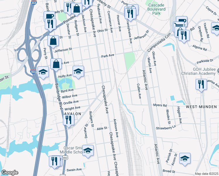 map of restaurants, bars, coffee shops, grocery stores, and more near 1547 Chesapeake Avenue in Chesapeake