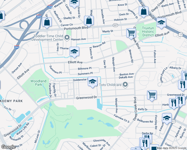 map of restaurants, bars, coffee shops, grocery stores, and more near 406 Biltmore Place in Portsmouth