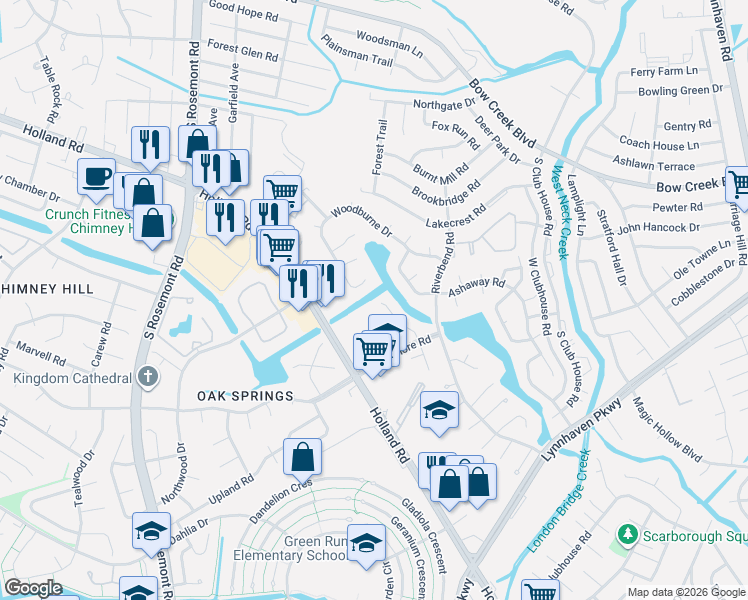 map of restaurants, bars, coffee shops, grocery stores, and more near 3543 Woodburne Drive in Virginia Beach