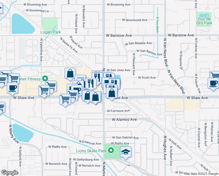 map of restaurants, bars, coffee shops, grocery stores, and more near 5050-5136 N Santa Fe Ave in Fresno