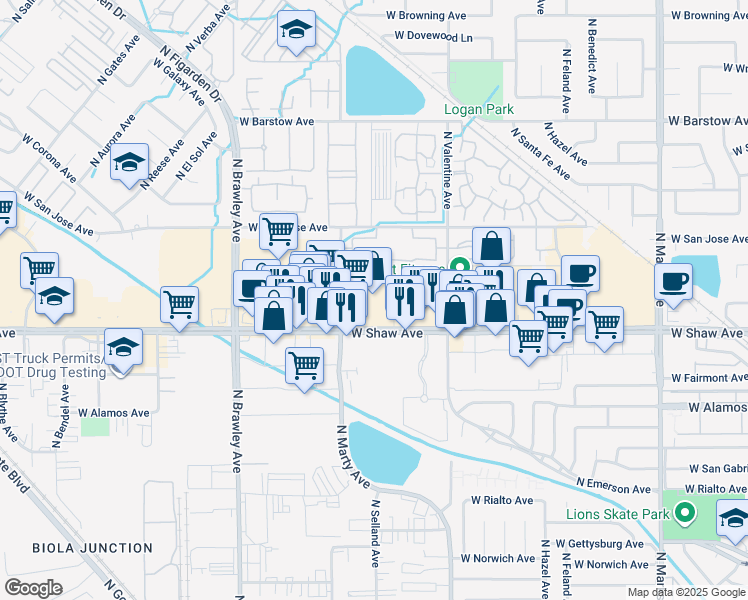 map of restaurants, bars, coffee shops, grocery stores, and more near 5066 N Marty Ave in Fresno