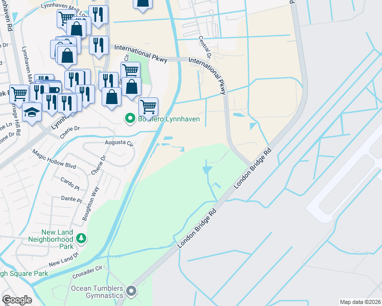 map of restaurants, bars, coffee shops, grocery stores, and more near 2525 International Parkway in Virginia Beach
