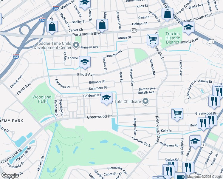 map of restaurants, bars, coffee shops, grocery stores, and more near 408B Summers Place in Portsmouth