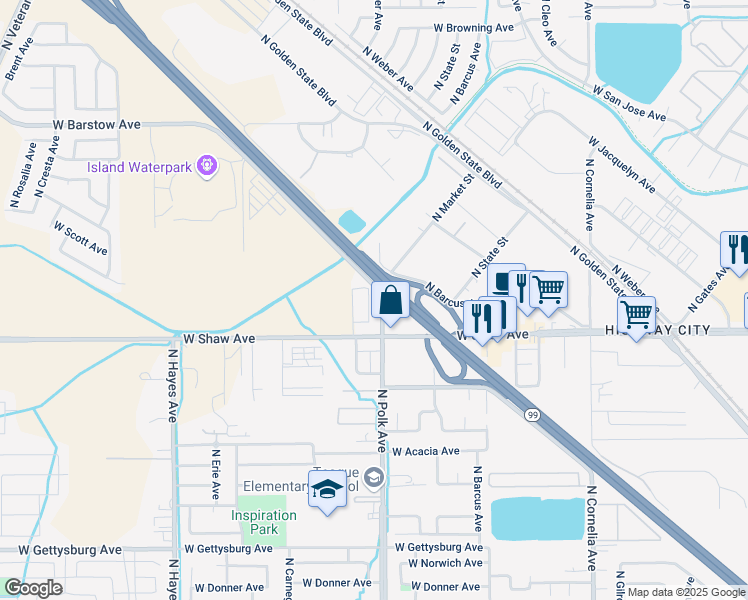 map of restaurants, bars, coffee shops, grocery stores, and more near 5100 North Lola Avenue in Fresno