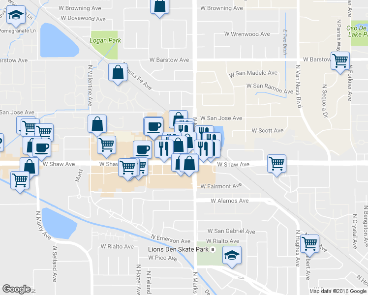 map of restaurants, bars, coffee shops, grocery stores, and more near 3050 West Shaw Avenue in Fresno