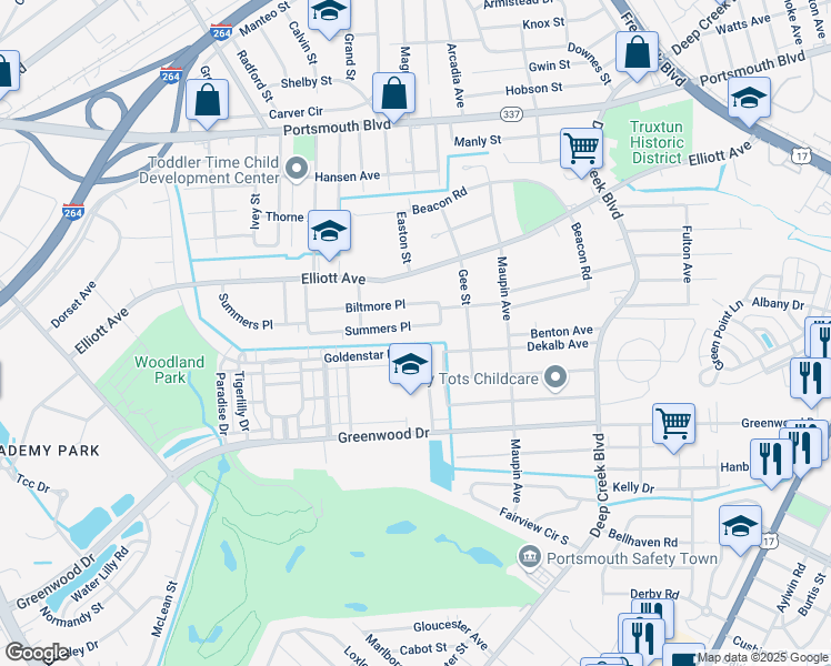 map of restaurants, bars, coffee shops, grocery stores, and more near 412 Summers Place in Portsmouth