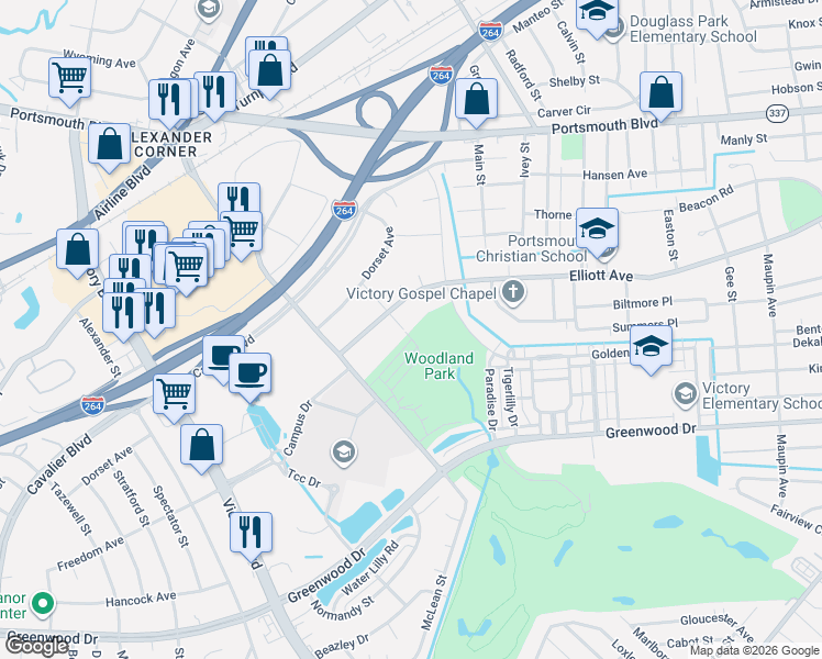 map of restaurants, bars, coffee shops, grocery stores, and more near 3667-3699 Elliott Avenue in Portsmouth