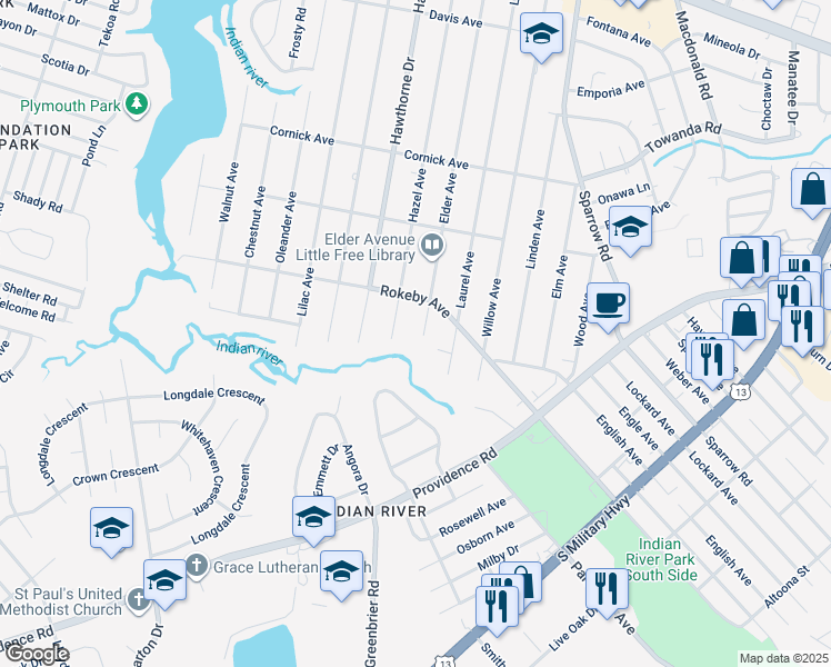 map of restaurants, bars, coffee shops, grocery stores, and more near 1619 Elder Ave in Chesapeake