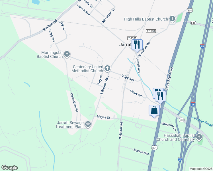 map of restaurants, bars, coffee shops, grocery stores, and more near 314 South Braxton Avenue in Jarratt