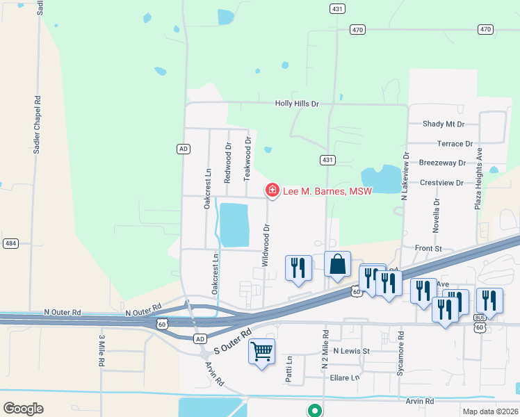 map of restaurants, bars, coffee shops, grocery stores, and more near 1115 Wildwood Road in Dexter