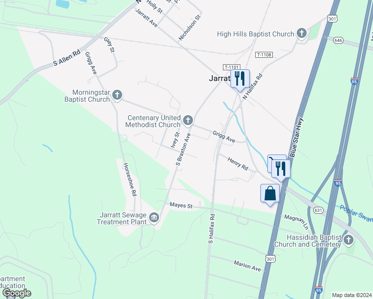 map of restaurants, bars, coffee shops, grocery stores, and more near 314 South Braxton Avenue in Jarratt